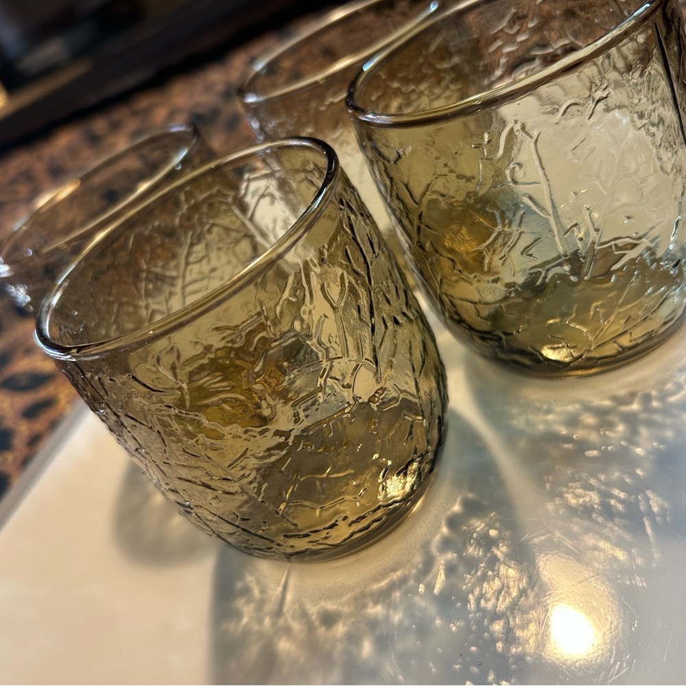 Vtg Anchor Hocking 4 Glasses spicy brown textured leaf embossed design - Picture 9 of 10
